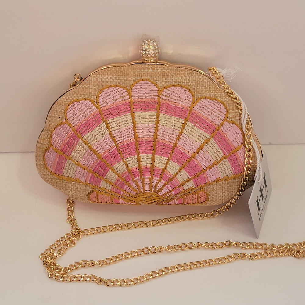 Haute Hippie Style Pink Seashell Embroidered Straw Clutch Crossbody Bag New